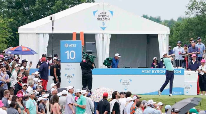 A general view of the tenth tee during the final round of the 2023 AT&T Byron Nelson golf tournament.